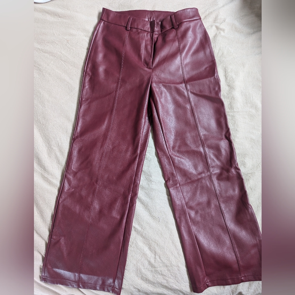 Chic Burgundy Faux Leather Cropped Pants